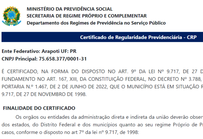 Certificado de Regularidade Previdenciária - CRP